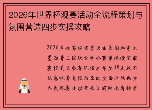 2026年世界杯观赛活动全流程策划与氛围营造四步实操攻略 2026年世界杯观赛活动全流程策划与氛围营造四步实操攻略