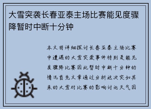大雪突袭长春亚泰主场比赛能见度骤降暂时中断十分钟 大雪突袭长春亚泰主场比赛能见度骤降暂时中断十分钟