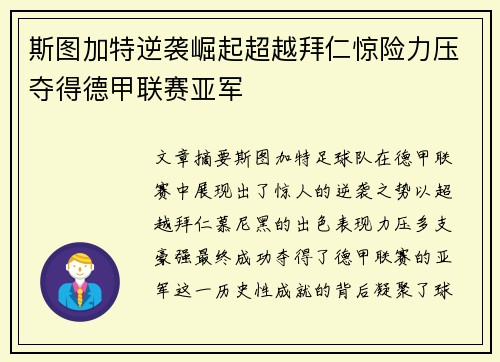 斯图加特逆袭崛起超越拜仁惊险力压夺得德甲联赛亚军
